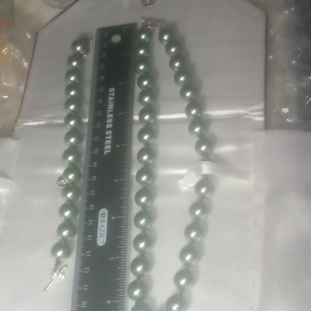Green Tahitian ? 10mm apox Paearls necklace and bracelet 925 QG Thailand Mint - Picture 3 of 4